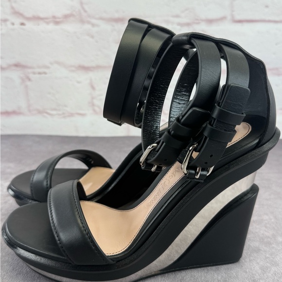 Alexander McQueen Black Leather Trompe L’oeil Wedge Strappy Sandals 8.5 - Picture 4 of 16